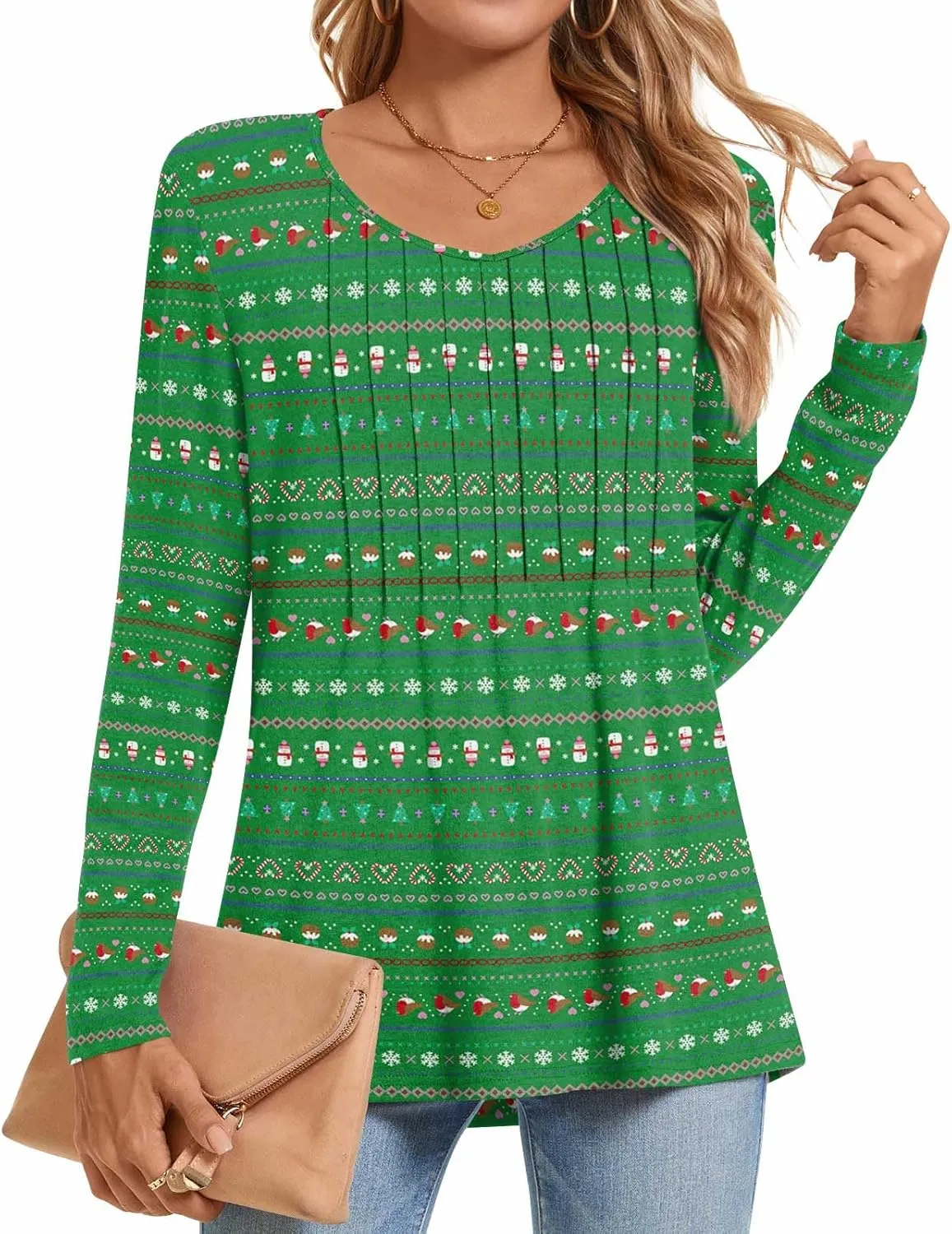 Bestbee Womens Long Sleeve Tops V Neck Tunics Cute Pleated Tops Casual Blouses Dressy T-Shirts