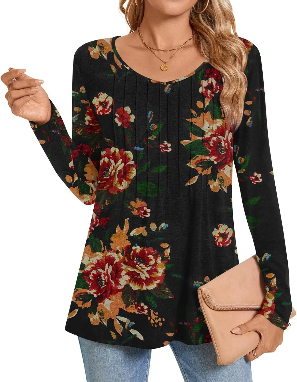 Bestbee Womens Long Sleeve Tops V Neck Tunics Cute Pleated Tops Casual Blouses Dressy T-Shirts