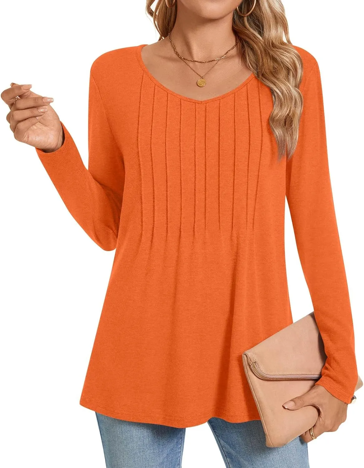 Bestbee Womens Long Sleeve Tops V Neck Tunics Cute Pleated Tops Casual Blouses Dressy T-Shirts
