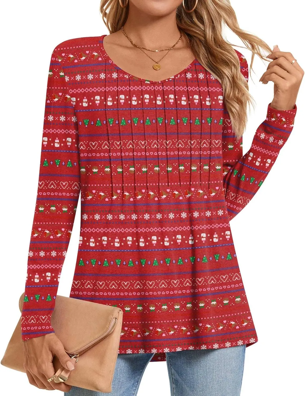 Bestbee Womens Long Sleeve Tops V Neck Tunics Cute Pleated Tops Casual Blouses Dressy T-Shirts