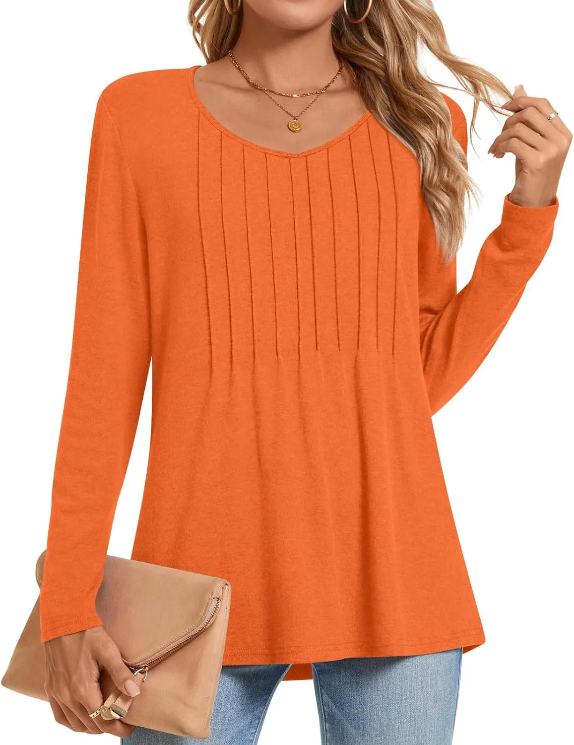 Bestbee Womens Long Sleeve Tops V Neck Tunics Cute Pleated Tops Casual Blouses Dressy T-Shirts