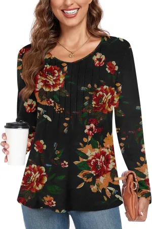Bestbee Womens Long Sleeve Tops V Neck Tunics Cute Pleated Tops Casual Blouses Dressy T-Shirts