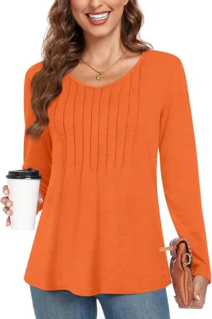 Bestbee Womens Long Sleeve Tops V Neck Tunics Cute Pleated Tops Casual Blouses Dressy T-Shirts