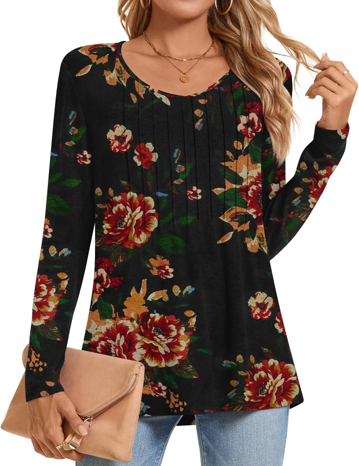 Bestbee Womens Long Sleeve Tops V Neck Tunics Cute Pleated Tops Casual Blouses Dressy T-Shirts