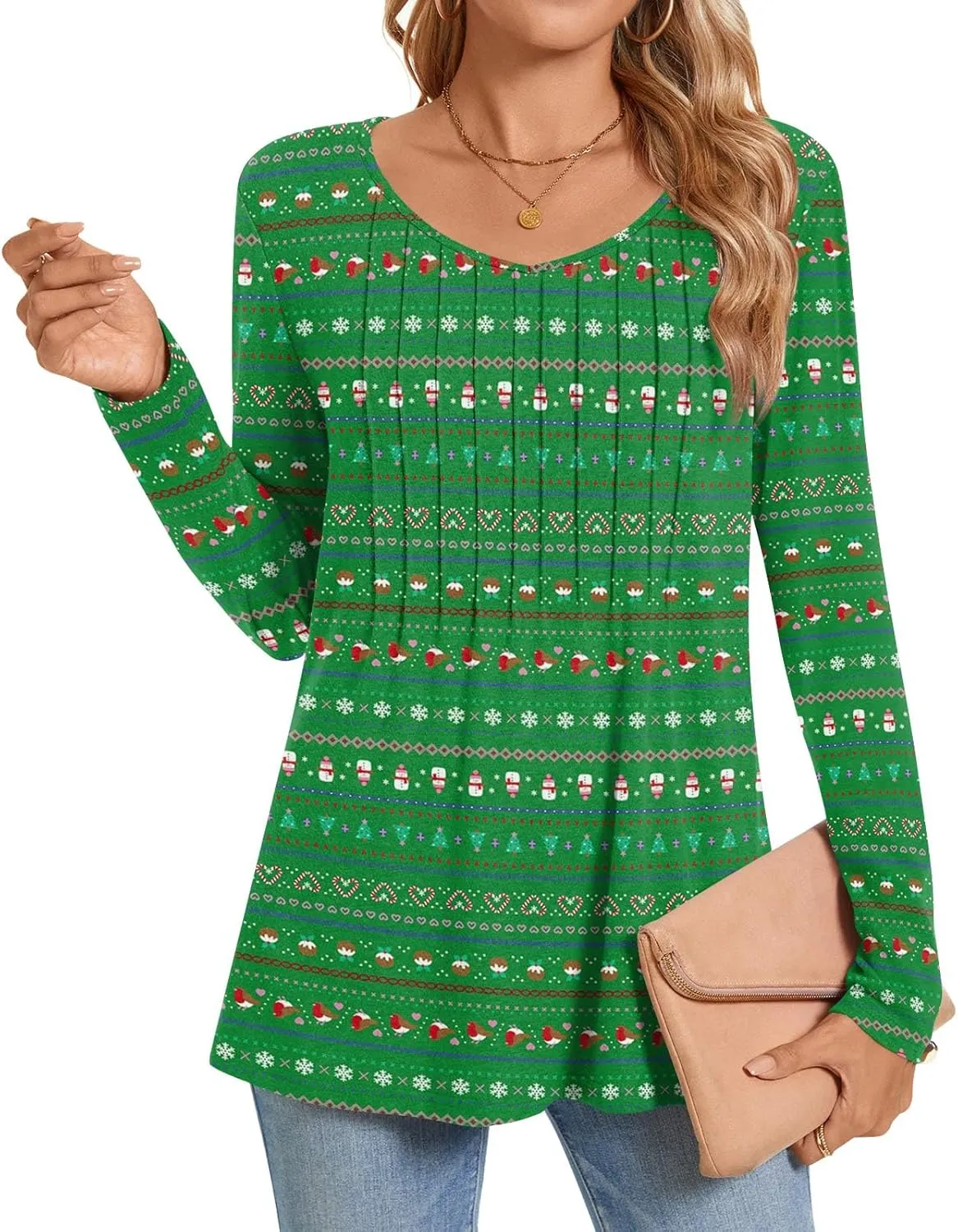 Bestbee Womens Long Sleeve Tops V Neck Tunics Cute Pleated Tops Casual Blouses Dressy T-Shirts
