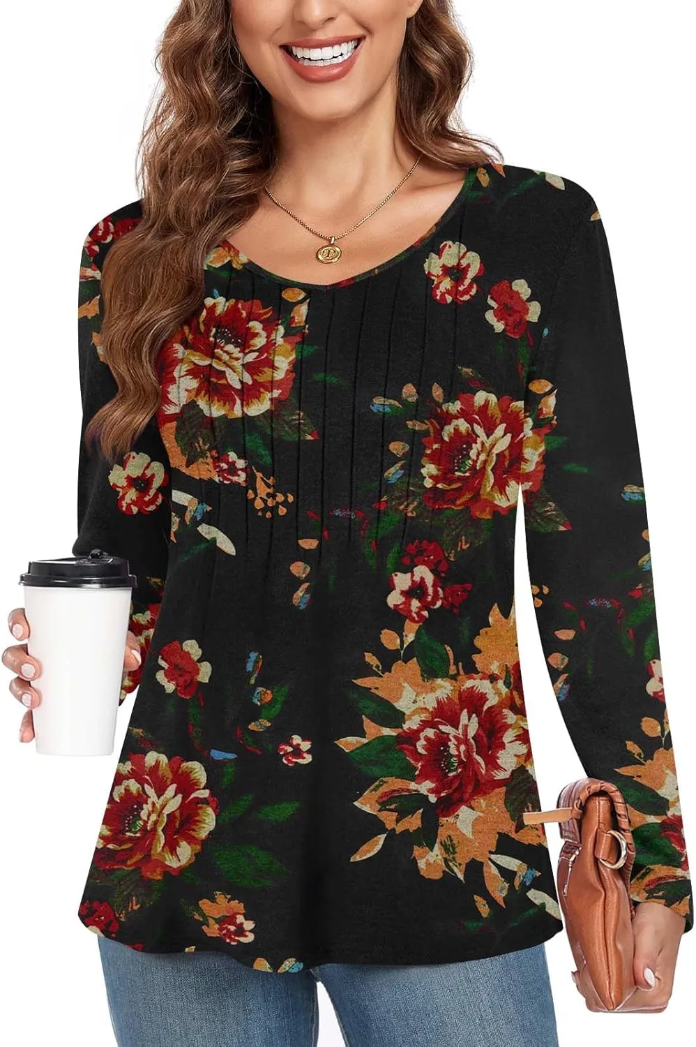 Bestbee Womens Long Sleeve Tops V Neck Tunics Cute Pleated Tops Casual Blouses Dressy T-Shirts