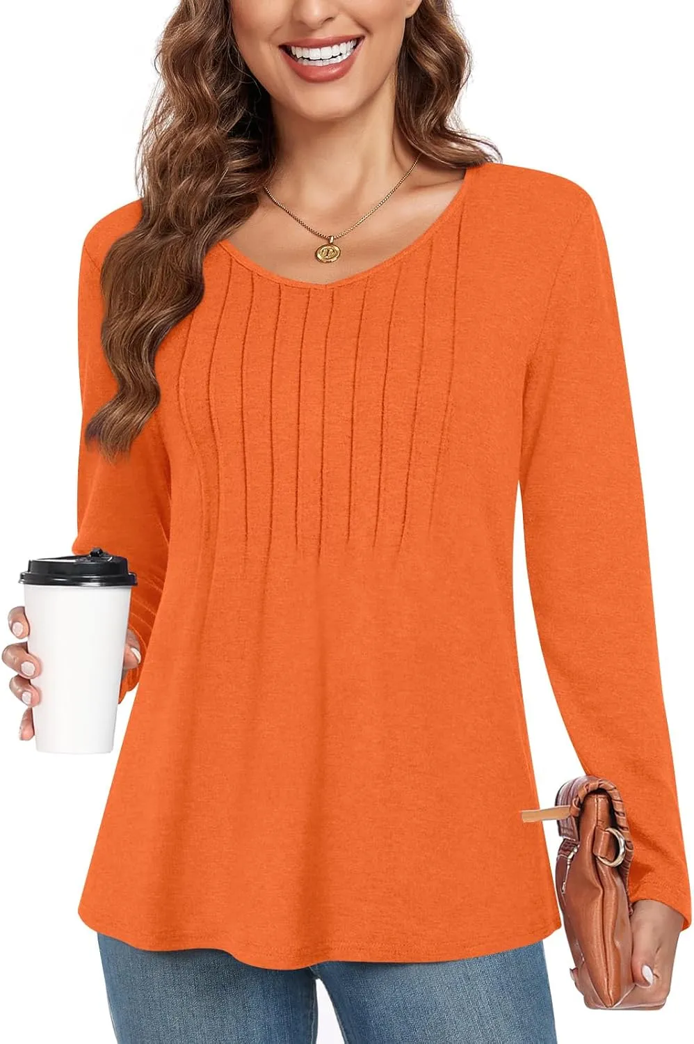 Bestbee Womens Long Sleeve Tops V Neck Tunics Cute Pleated Tops Casual Blouses Dressy T-Shirts