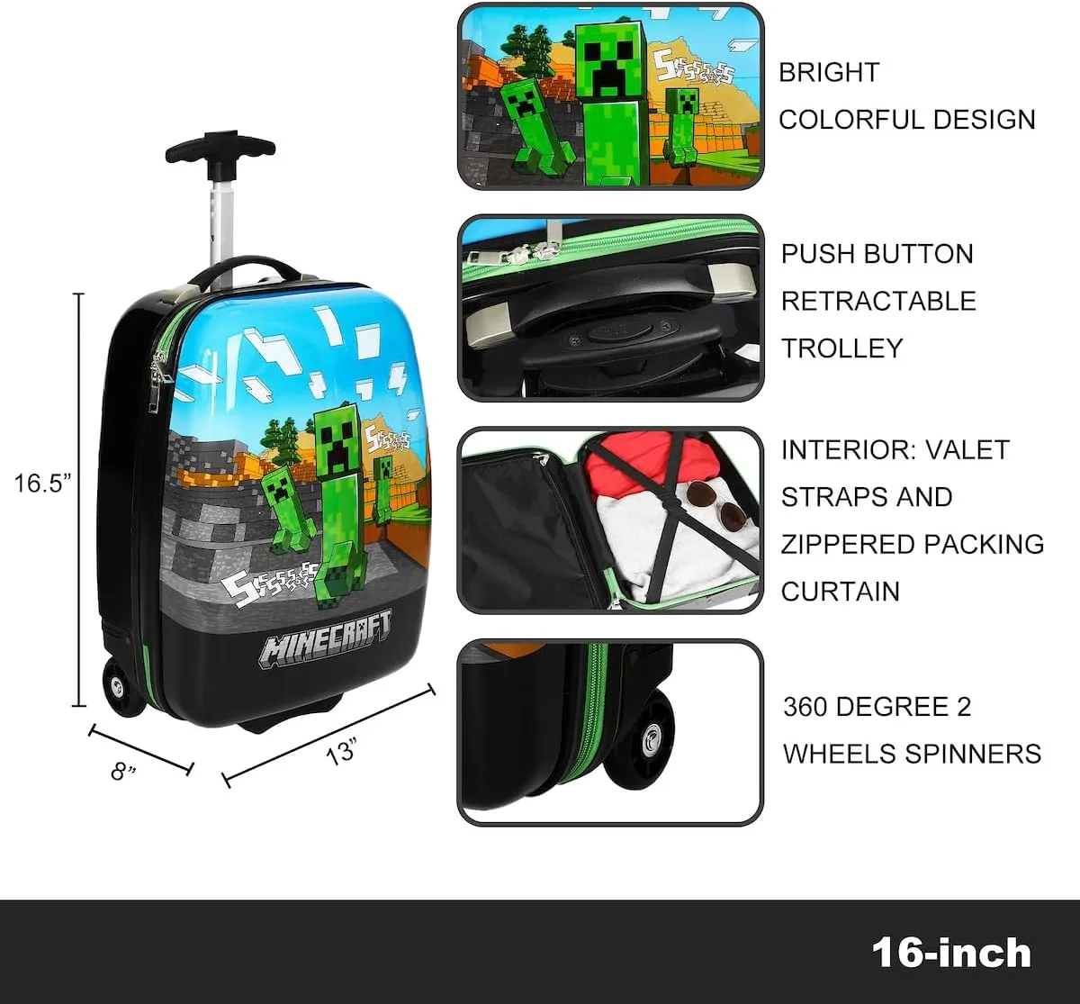 Bioworld Minecraft Cliffside Creepers Youth 18" 2-Wheeled Hardside Luggage