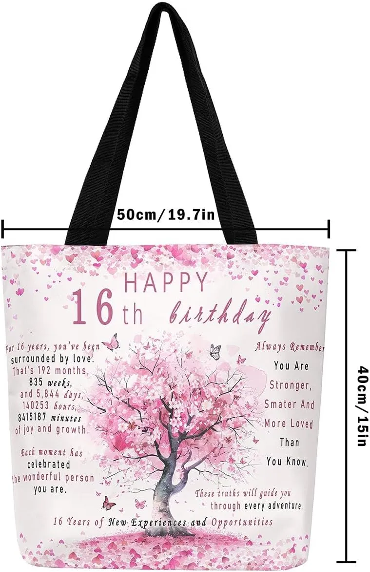 Birthday Gifts for Women Canvas Bag, Sweet 16 Gifts for Women Canvas Tote Bag Happy Birthday Decorations