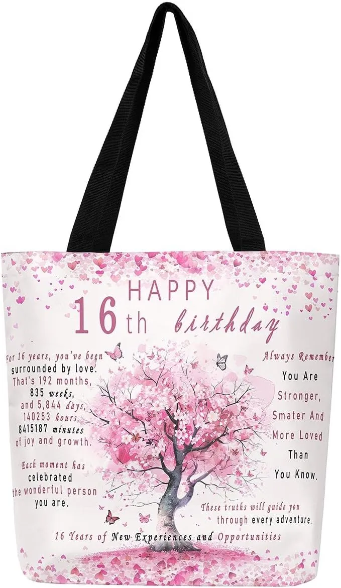 Birthday Gifts for Women Canvas Bag, Sweet 16 Gifts for Women Canvas Tote Bag Happy Birthday Decorations