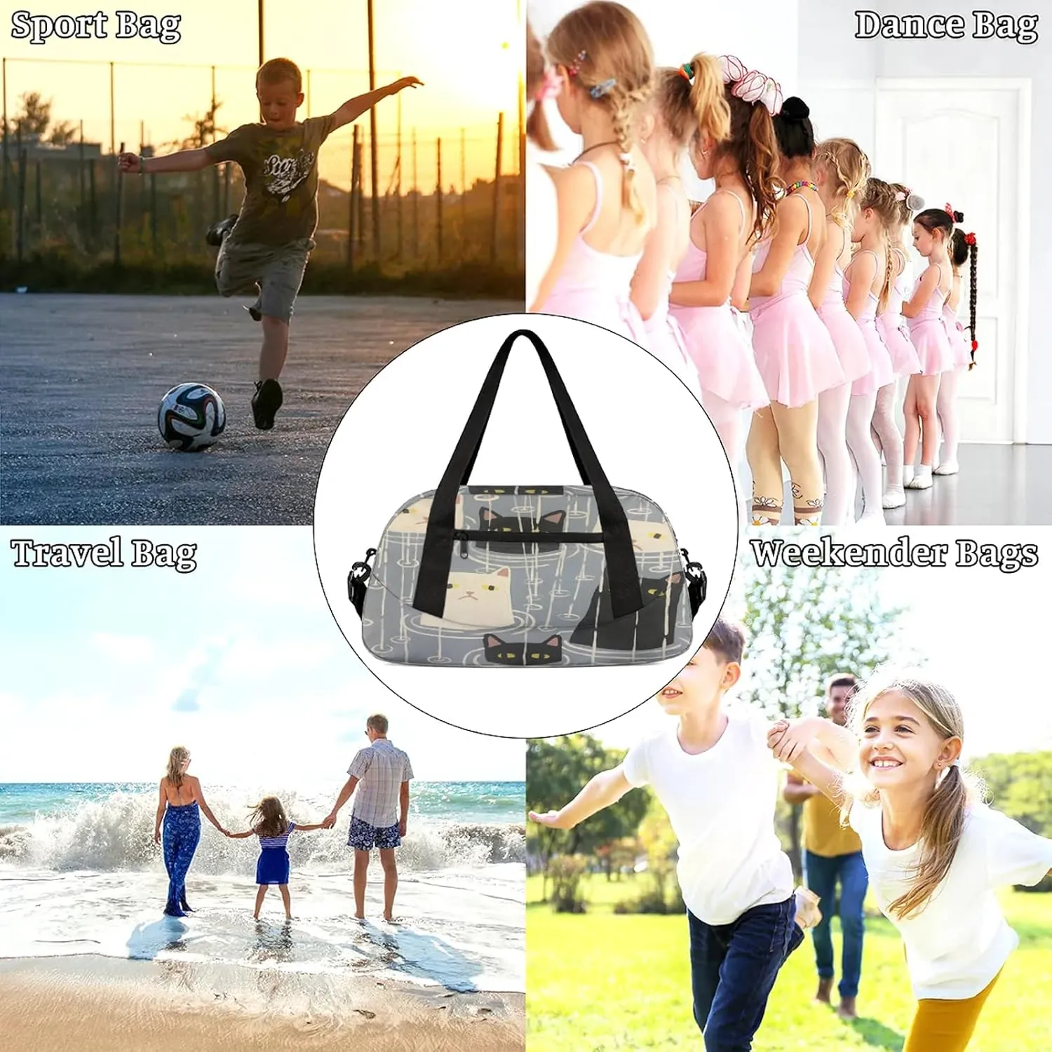 Black And White Cat Print Kids Duffel Bag Lightweight Waterproof Sports Gym Bag with Front Zipper Pocket Foldable Weekender Overnight Bag for School Practice Gymnastic Ballet