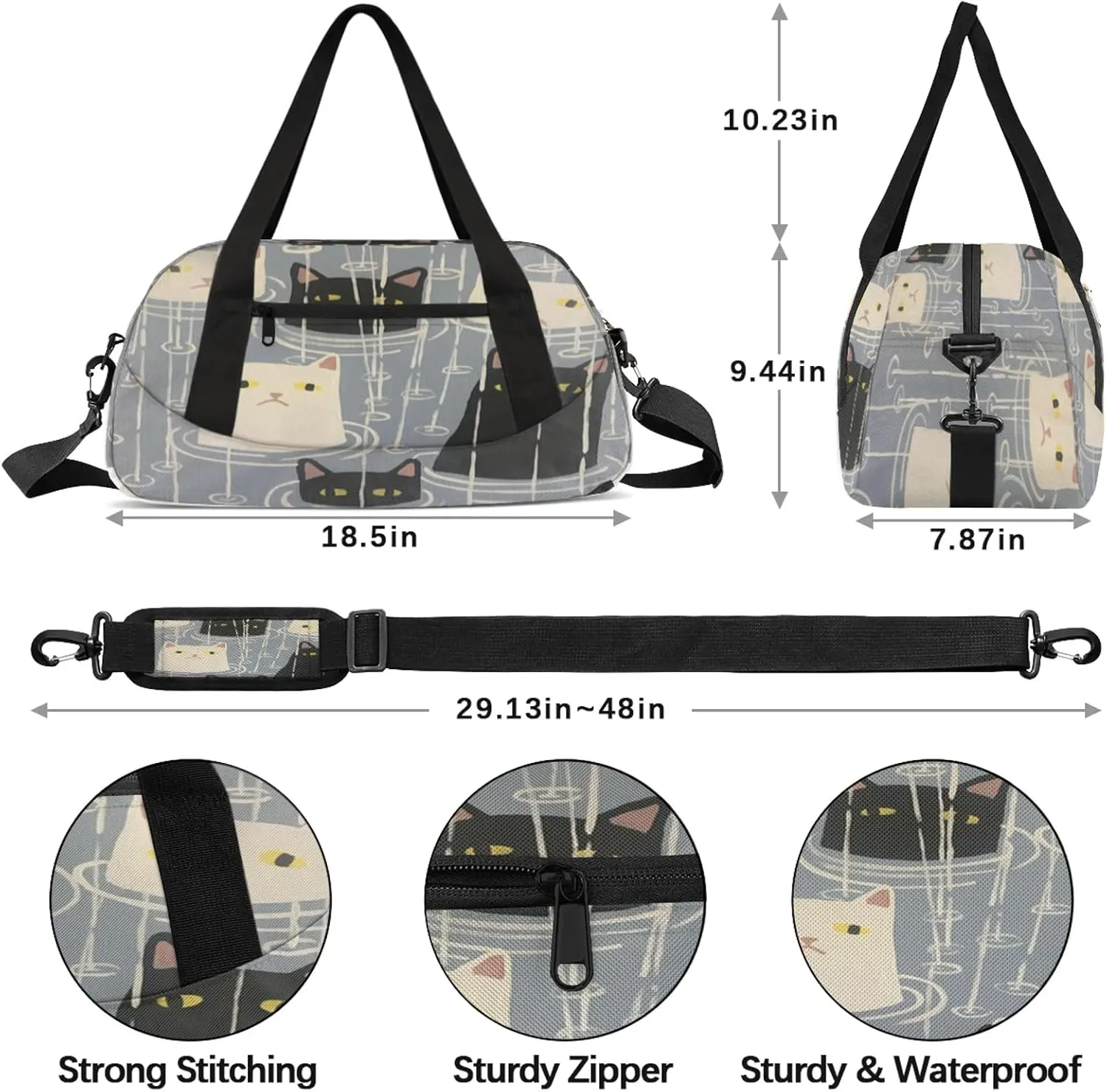 Black And White Cat Print Kids Duffel Bag Lightweight Waterproof Sports Gym Bag with Front Zipper Pocket Foldable Weekender Overnight Bag for School Practice Gymnastic Ballet