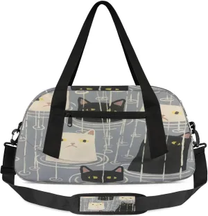 Black And White Cat Print Kids Duffel Bag Lightweight Waterproof Sports Gym Bag with Front Zipper Pocket Foldable Weekender Overnight Bag for School Practice Gymnastic Ballet