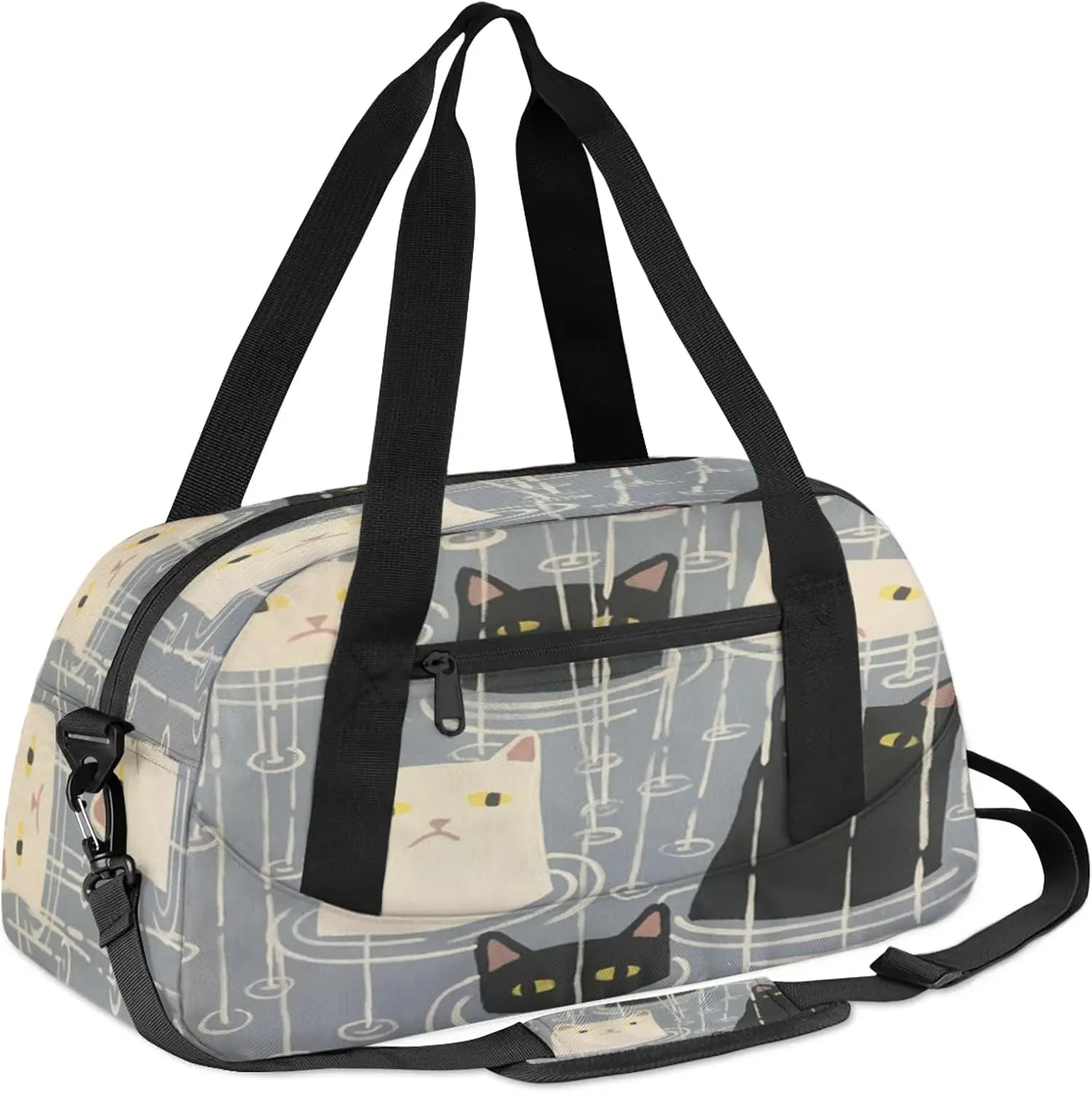 Black And White Cat Print Kids Duffel Bag Lightweight Waterproof Sports Gym Bag with Front Zipper Pocket Foldable Weekender Overnight Bag for School Practice Gymnastic Ballet