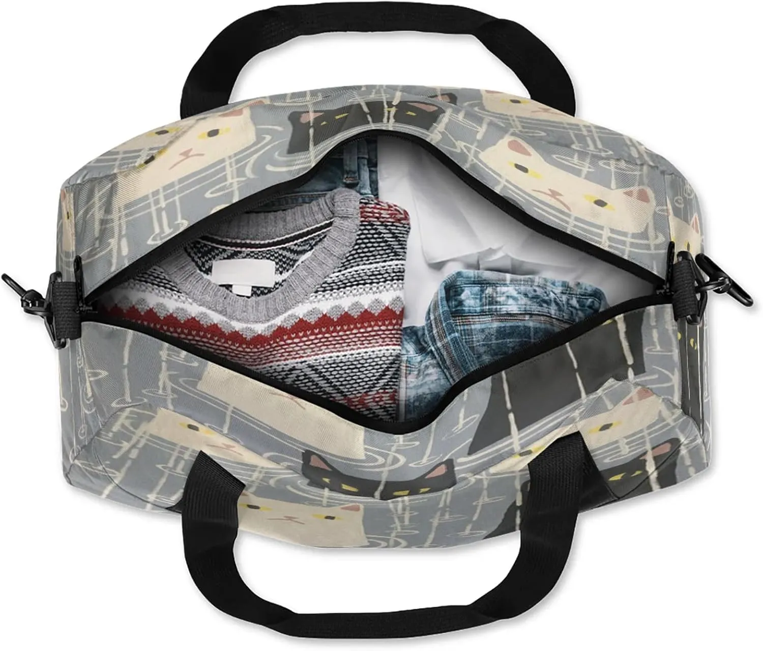 Black And White Cat Print Kids Duffel Bag Lightweight Waterproof Sports Gym Bag with Front Zipper Pocket Foldable Weekender Overnight Bag for School Practice Gymnastic Ballet
