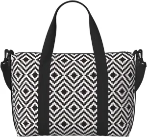 Black and White Geometric Travel Bag for Women Men Weekender Bags Carry on Overnight Bag Tote Bag Yoga Gym Bag for Gym, Work, Weekend, Travel, Personal Items