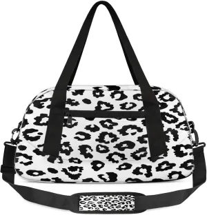 Black And White Leopard Print Kids Duffel Bag Lightweight Waterproof Sports Gym Bag with Front Zipper Pocket Foldable Weekender Overnight Bag for School Practice Gymnastic Ballet