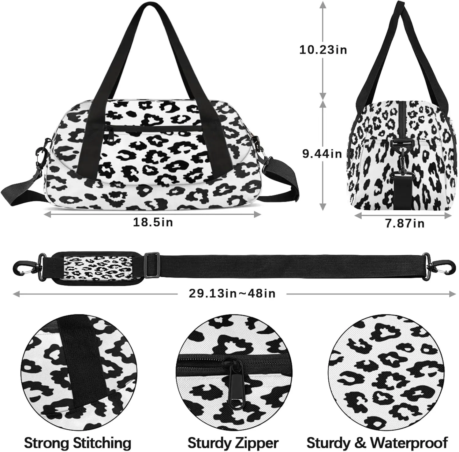 Black And White Leopard Print Kids Duffel Bag Lightweight Waterproof Sports Gym Bag with Front Zipper Pocket Foldable Weekender Overnight Bag for School Practice Gymnastic Ballet