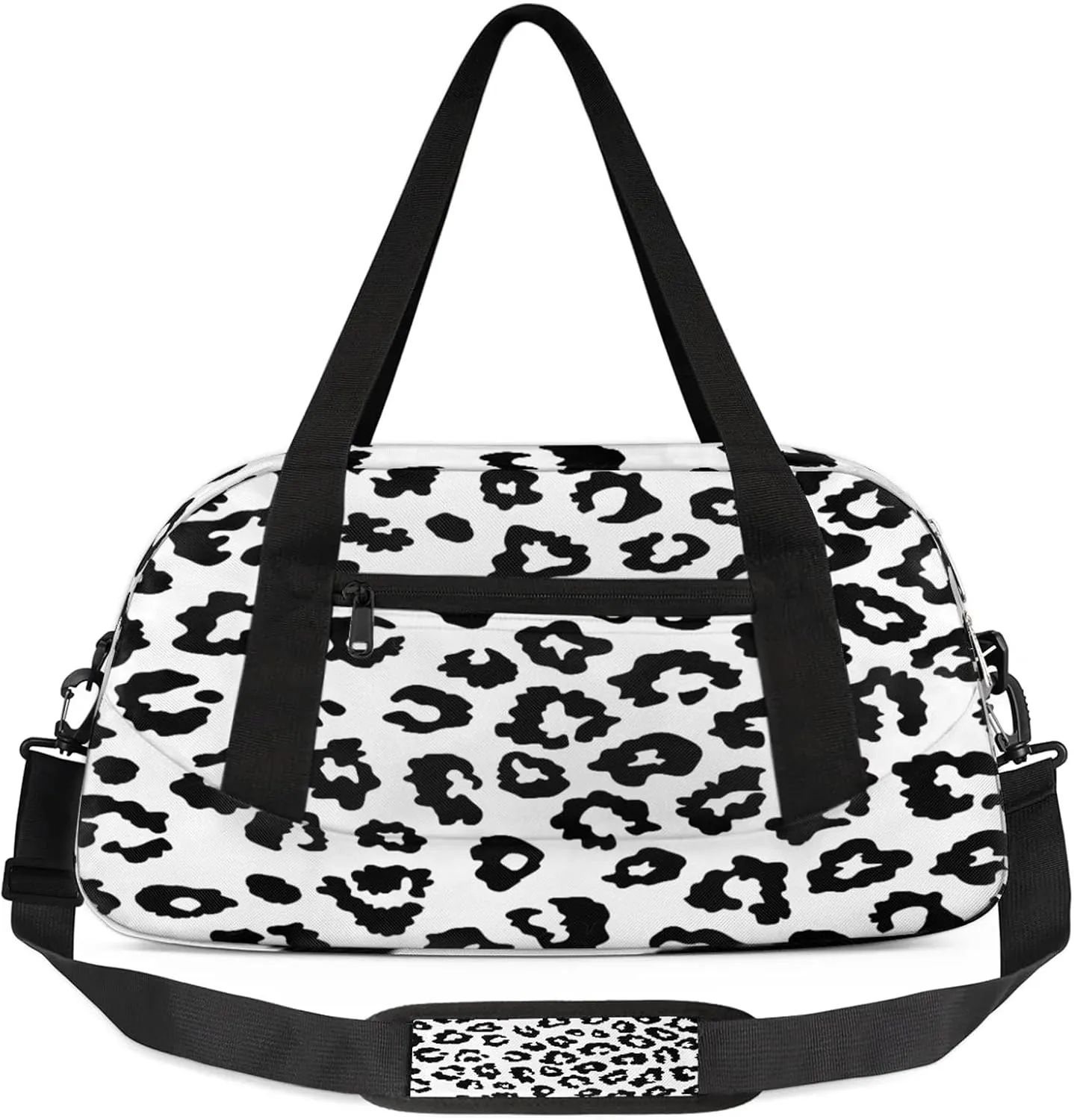 Black And White Leopard Print Kids Duffel Bag Lightweight Waterproof Sports Gym Bag with Front Zipper Pocket Foldable Weekender Overnight Bag for School Practice Gymnastic Ballet