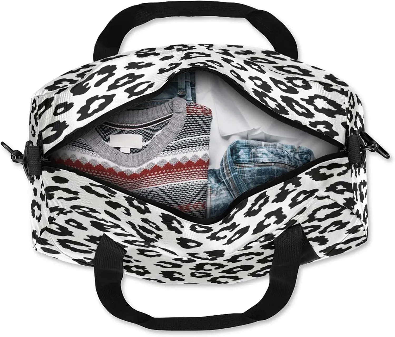 Black And White Leopard Print Kids Duffel Bag Lightweight Waterproof Sports Gym Bag with Front Zipper Pocket Foldable Weekender Overnight Bag for School Practice Gymnastic Ballet