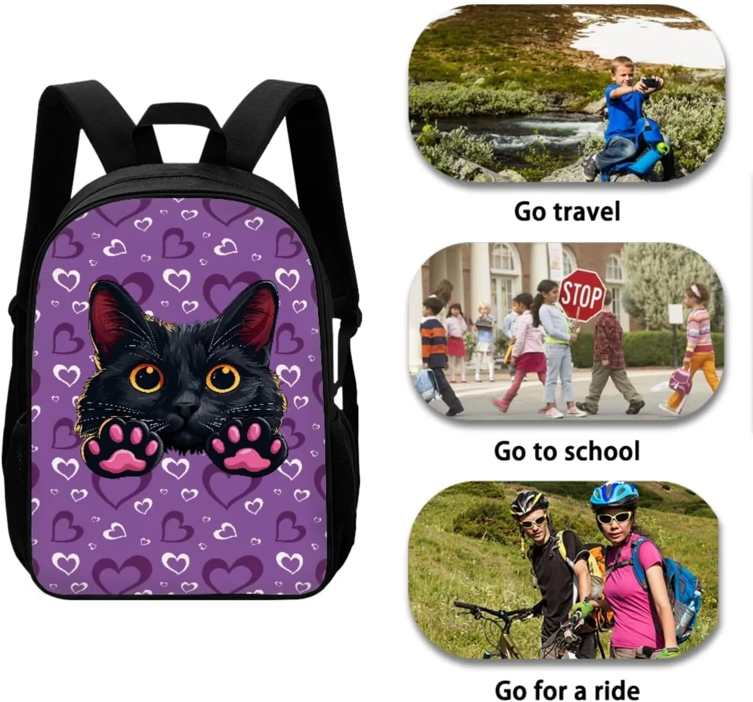 Black Cat Backpack and Lunch Box Set for Girls Boys Teens Toddlers with Small Pencil Case Kawaii Keychain Water Resistant Girls Bookbag Back To School Bags Cute and Stylish Appearance