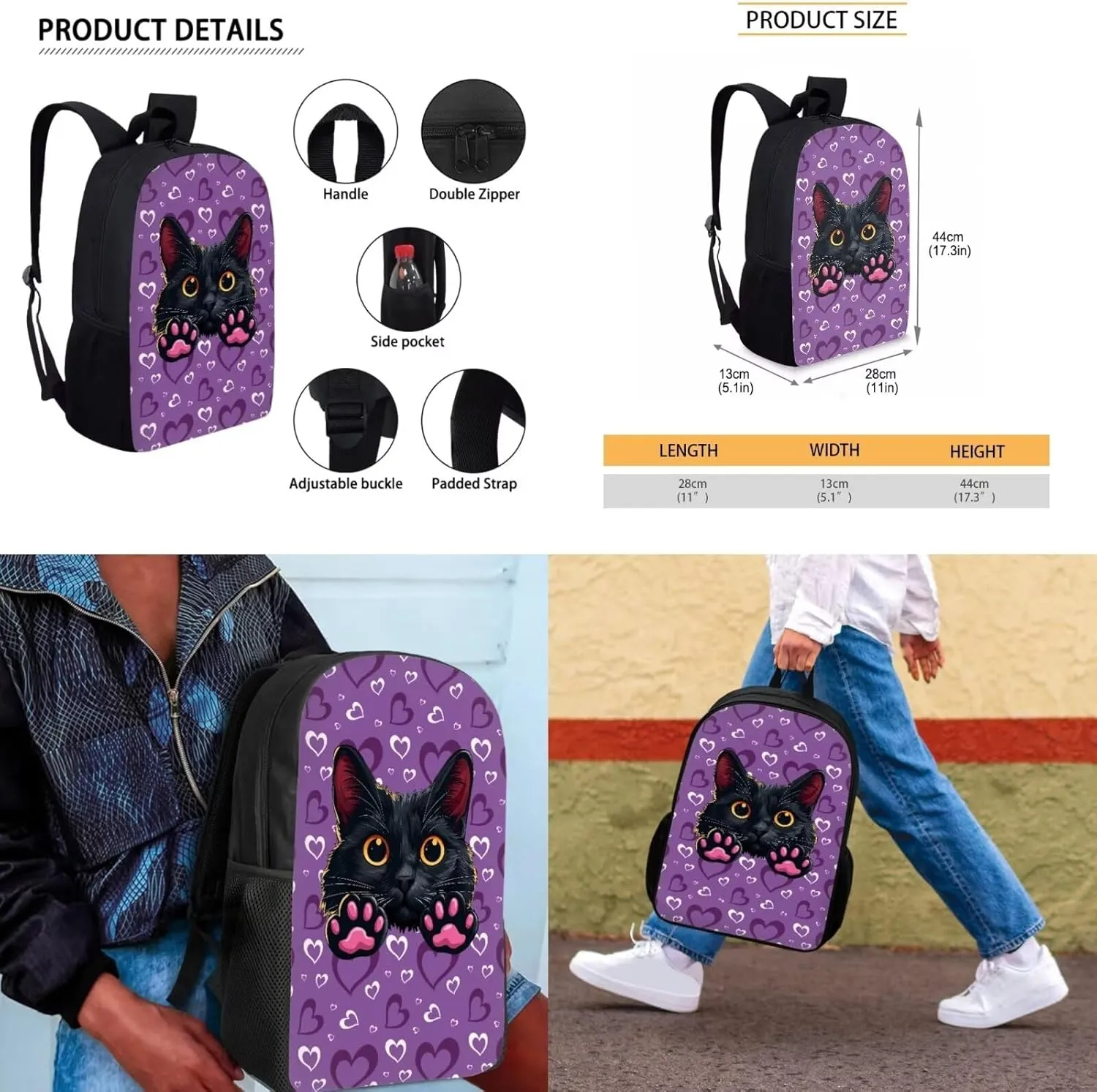 Black Cat Backpack and Lunch Box Set for Girls Boys Teens Toddlers with Small Pencil Case Kawaii Keychain Water Resistant Girls Bookbag Back To School Bags Cute and Stylish Appearance