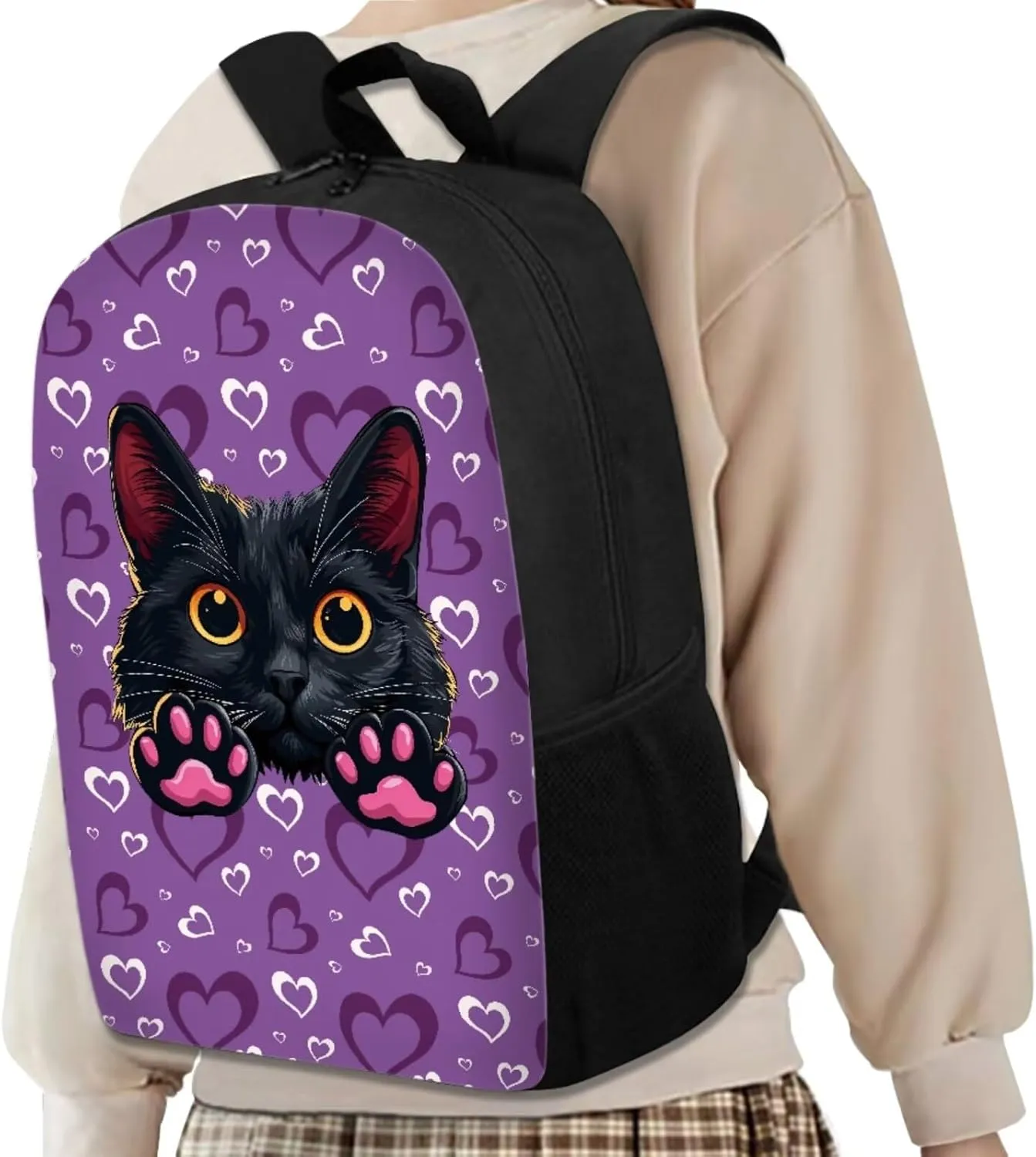 Black Cat Backpack and Lunch Box Set for Girls Boys Teens Toddlers with Small Pencil Case Kawaii Keychain Water Resistant Girls Bookbag Back To School Bags Cute and Stylish Appearance