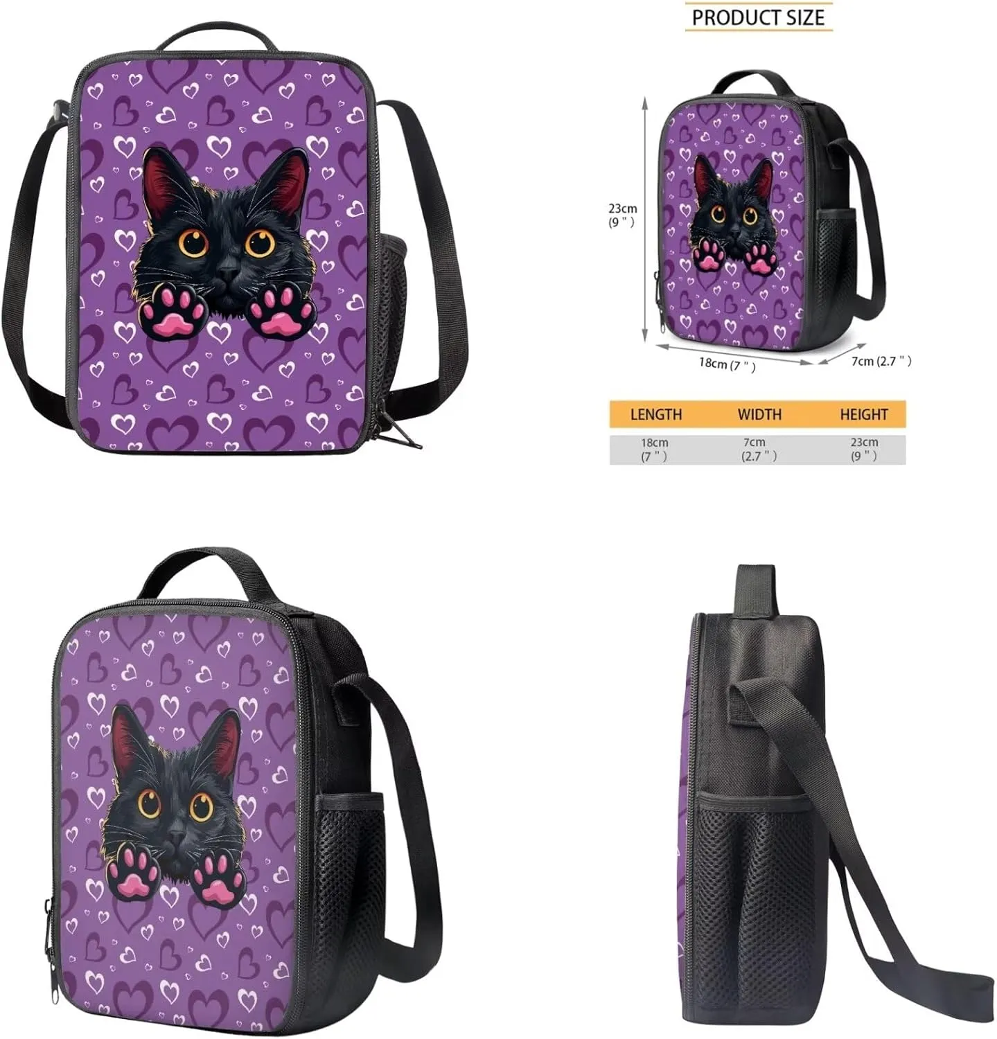 Black Cat Backpack and Lunch Box Set for Girls Boys Teens Toddlers with Small Pencil Case Kawaii Keychain Water Resistant Girls Bookbag Back To School Bags Cute and Stylish Appearance