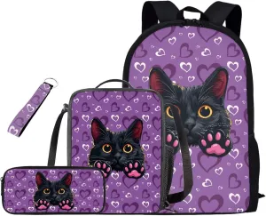 Black Cat Backpack and Lunch Box Set for Girls Boys Teens Toddlers with Small Pencil Case Kawaii Keychain Water Resistant Girls Bookbag Back To School Bags Cute and Stylish Appearance