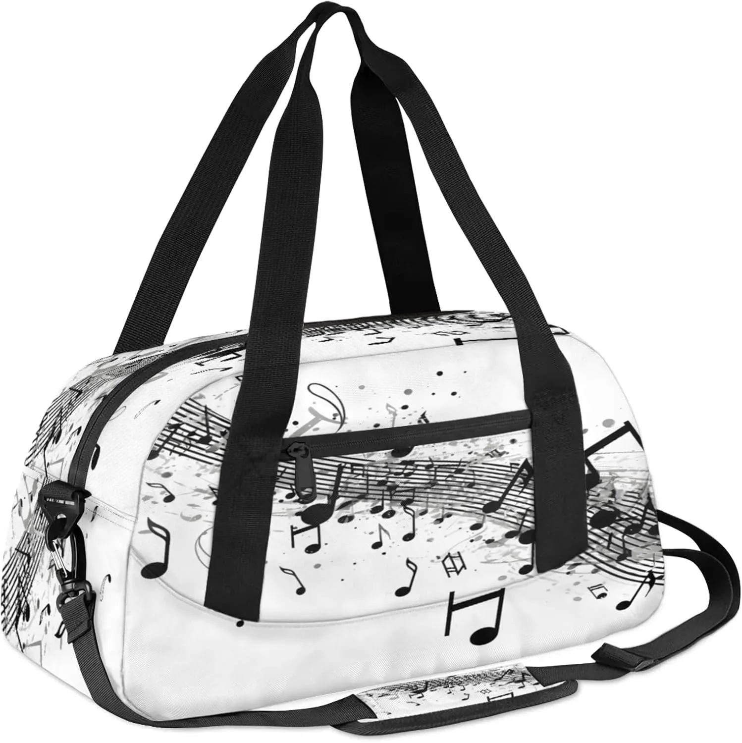 Black Music Note Pattern Kids Duffel Bag Lightweight Waterproof Sports Gym Bag with Front Zipper Pocket Foldable Weekender Overnight Bag for School Practice Gymnastic Ballet