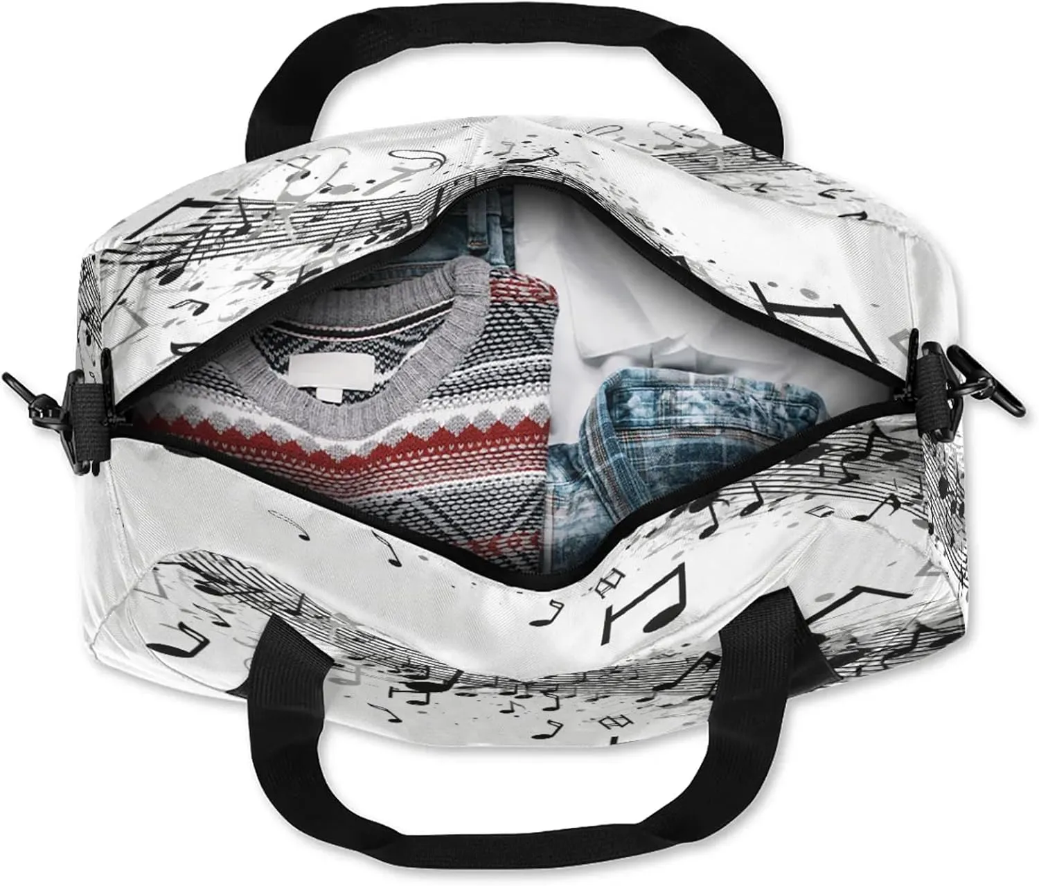 Black Music Note Pattern Kids Duffel Bag Lightweight Waterproof Sports Gym Bag with Front Zipper Pocket Foldable Weekender Overnight Bag for School Practice Gymnastic Ballet