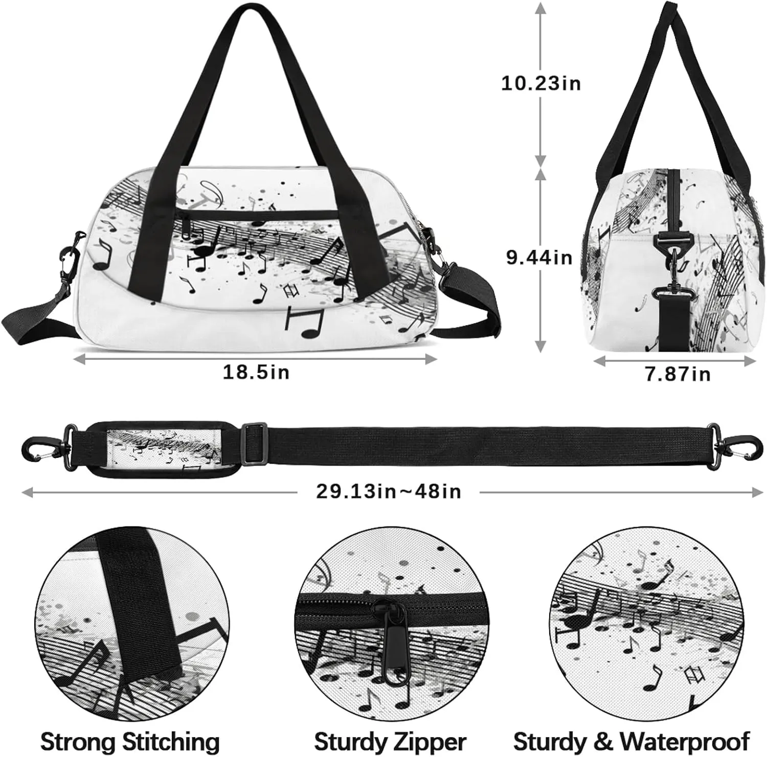 Black Music Note Pattern Kids Duffel Bag Lightweight Waterproof Sports Gym Bag with Front Zipper Pocket Foldable Weekender Overnight Bag for School Practice Gymnastic Ballet