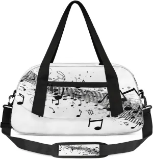 Black Music Note Pattern Kids Duffel Bag Lightweight Waterproof Sports Gym Bag with Front Zipper Pocket Foldable Weekender Overnight Bag for School Practice Gymnastic Ballet