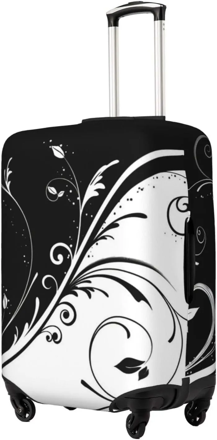 Black White Flower Swirls Travel Luggage Cover Fits 18-32 Inch Luggage, Stretchy Suitcase Cover Protector with Concealed Zipper for Wheeled Suitcase Tsa Approved