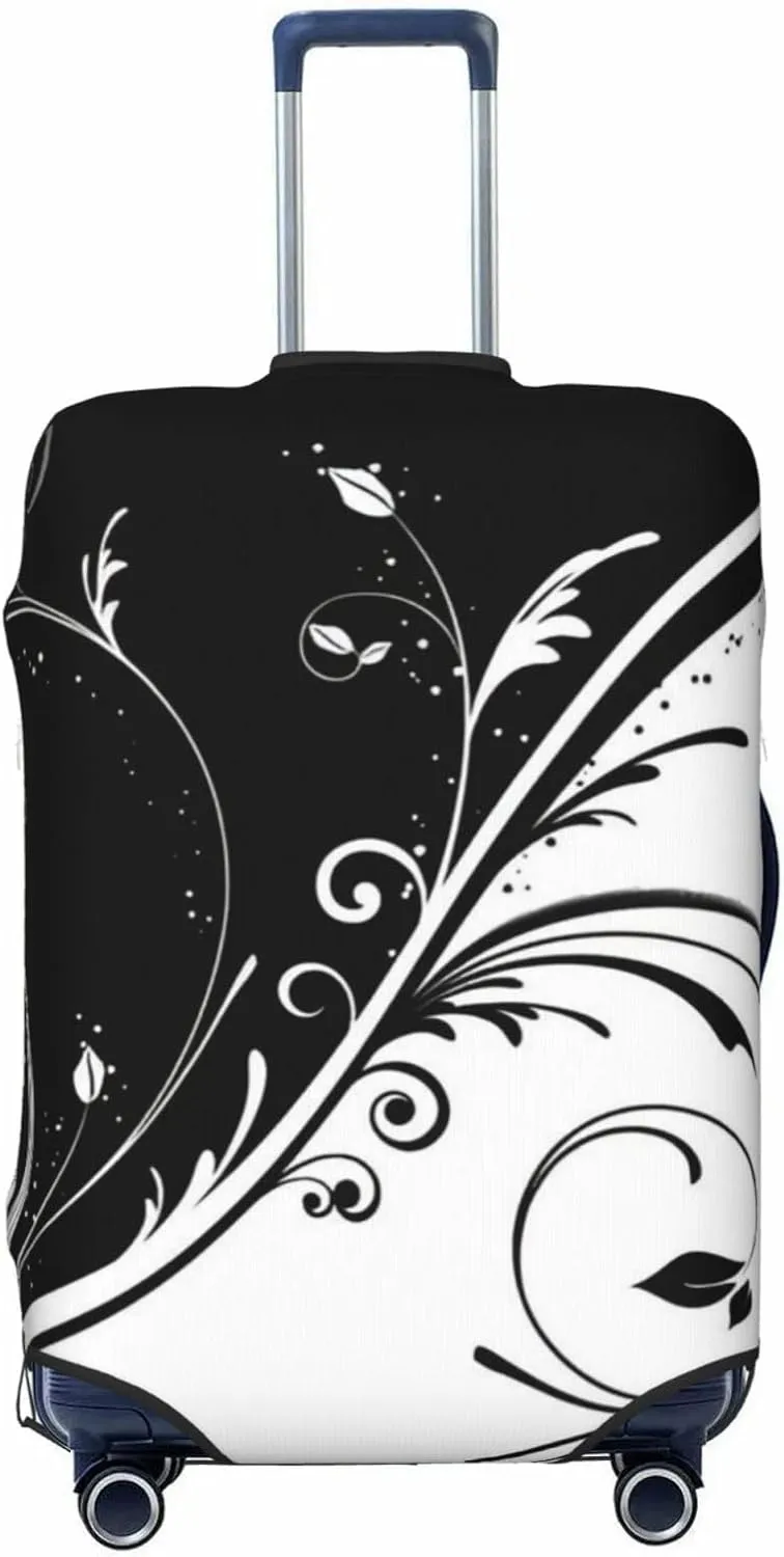 Black White Flower Swirls Travel Luggage Cover Fits 18-32 Inch Luggage, Stretchy Suitcase Cover Protector with Concealed Zipper for Wheeled Suitcase Tsa Approved
