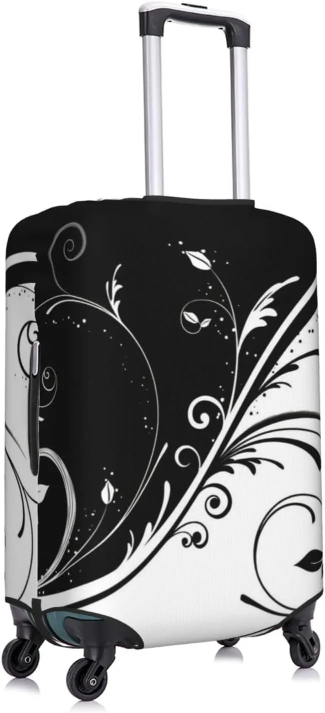 Black White Flower Swirls Travel Luggage Cover Fits 18-32 Inch Luggage, Stretchy Suitcase Cover Protector with Concealed Zipper for Wheeled Suitcase Tsa Approved