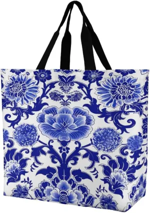 Blue and White Porcelain Women's Shoulder Shopping Bags Foldable Tote Bag Large Capacity Handbag for Work Travel