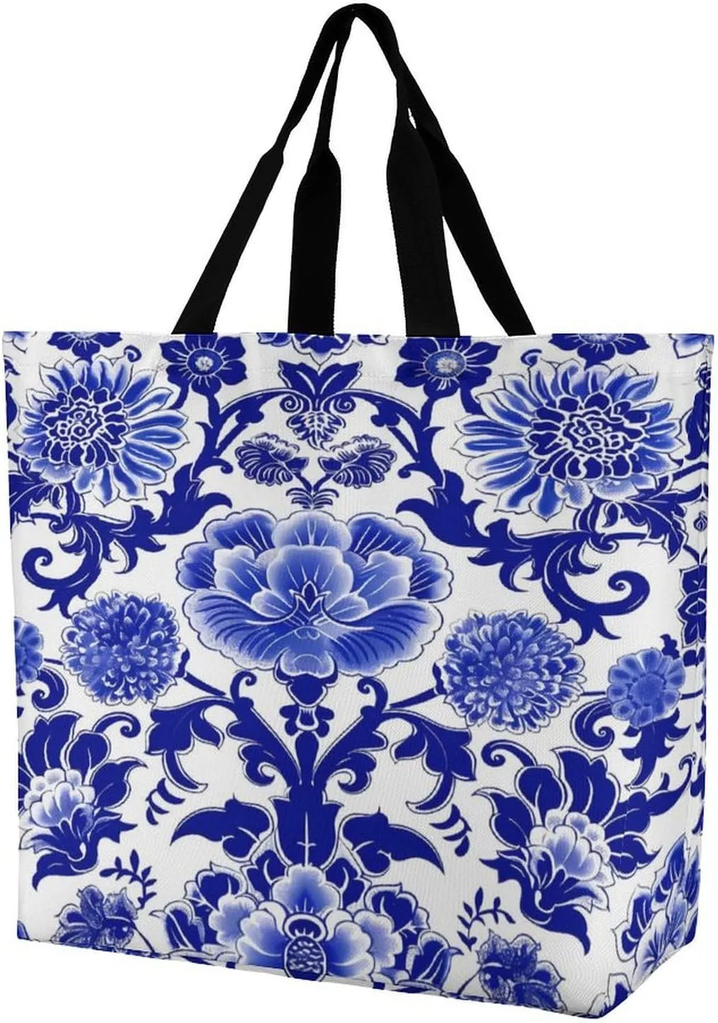 Blue and White Porcelain Women's Shoulder Shopping Bags Foldable Tote Bag Large Capacity Handbag for Work Travel