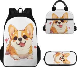 Boatee Cute Corgi School Bag Set for Girls 8-10 Kids Backpack with Lunch Box and Pencil Case 3 Pcs Set Cute School Bags for Teen Girls 5th / 6th Grade Primary School Large Capacity Bookbag Set