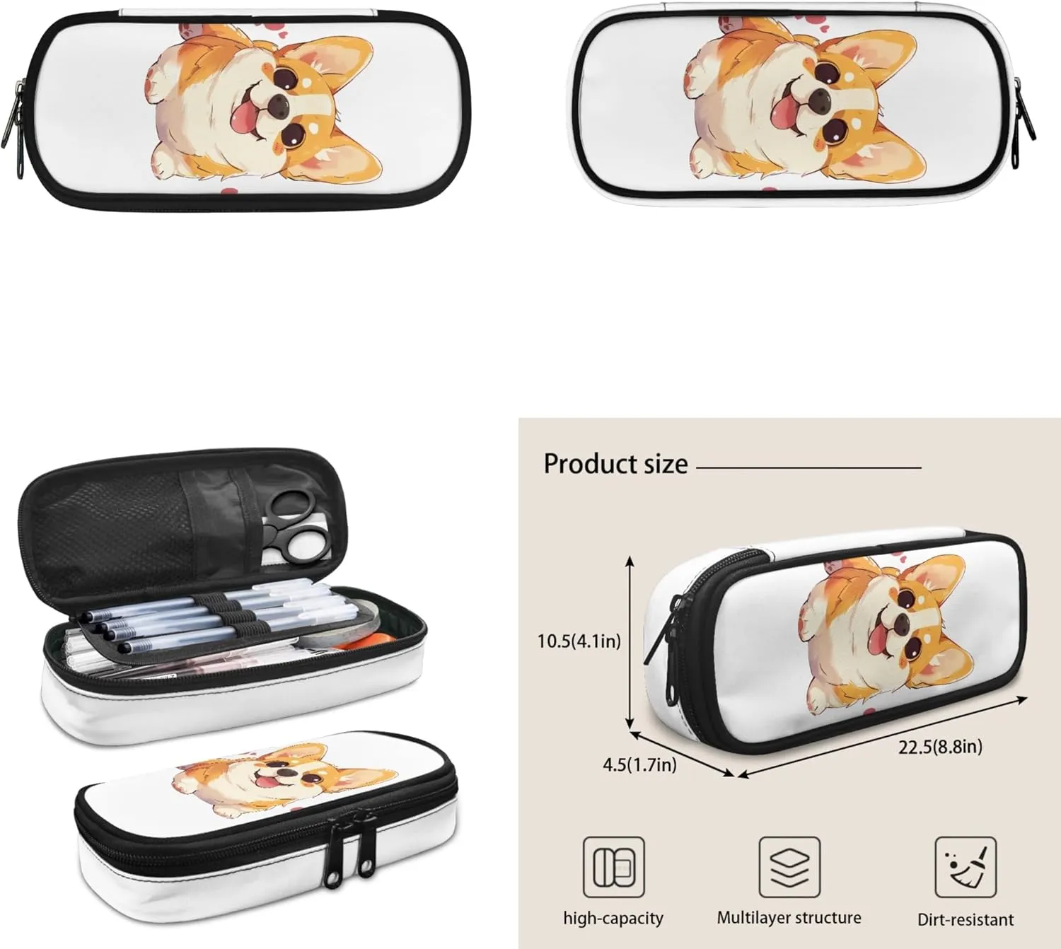 Boatee Cute Corgi School Bag Set for Girls 8-10 Kids Backpack with Lunch Box and Pencil Case 3 Pcs Set Cute School Bags for Teen Girls 5th / 6th Grade Primary School Large Capacity Bookbag Set
