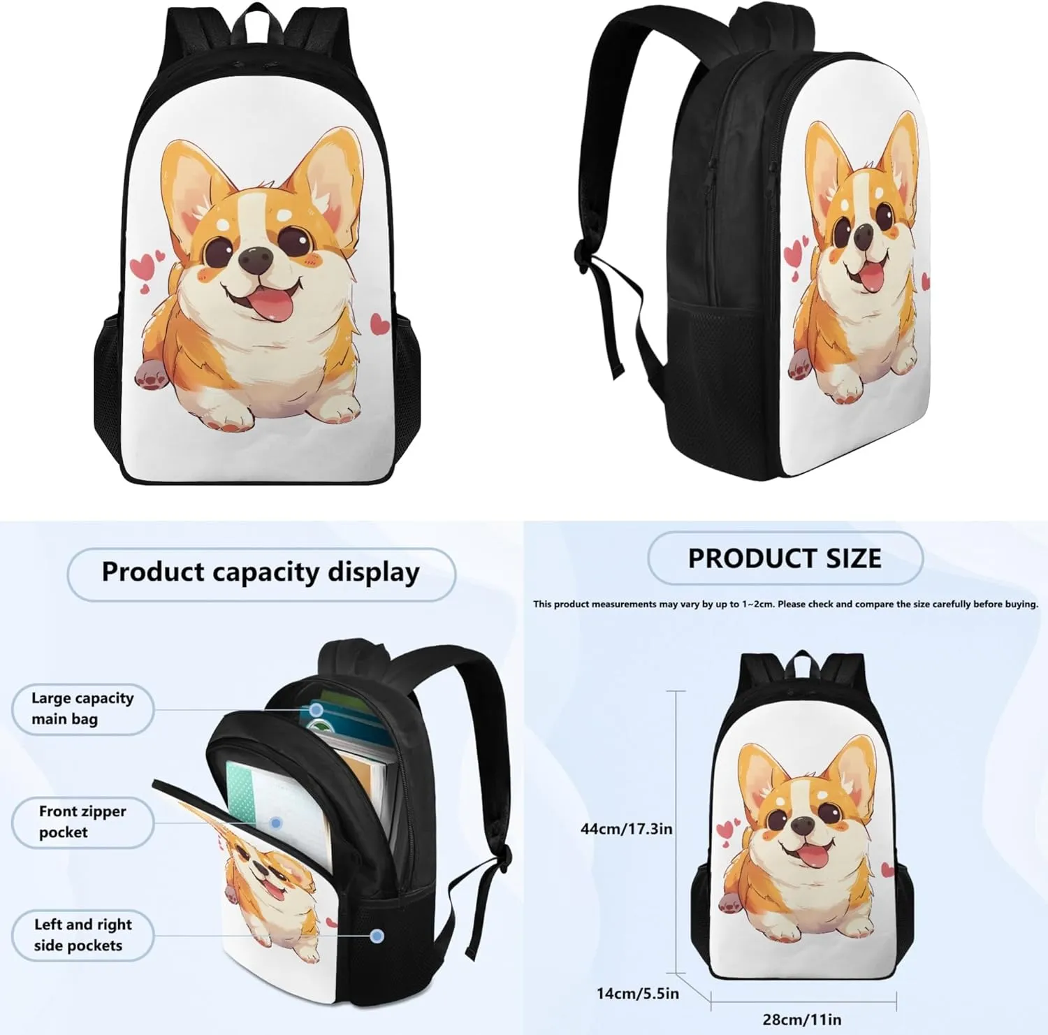 Boatee Cute Corgi School Bag Set for Girls 8-10 Kids Backpack with Lunch Box and Pencil Case 3 Pcs Set Cute School Bags for Teen Girls 5th / 6th Grade Primary School Large Capacity Bookbag Set