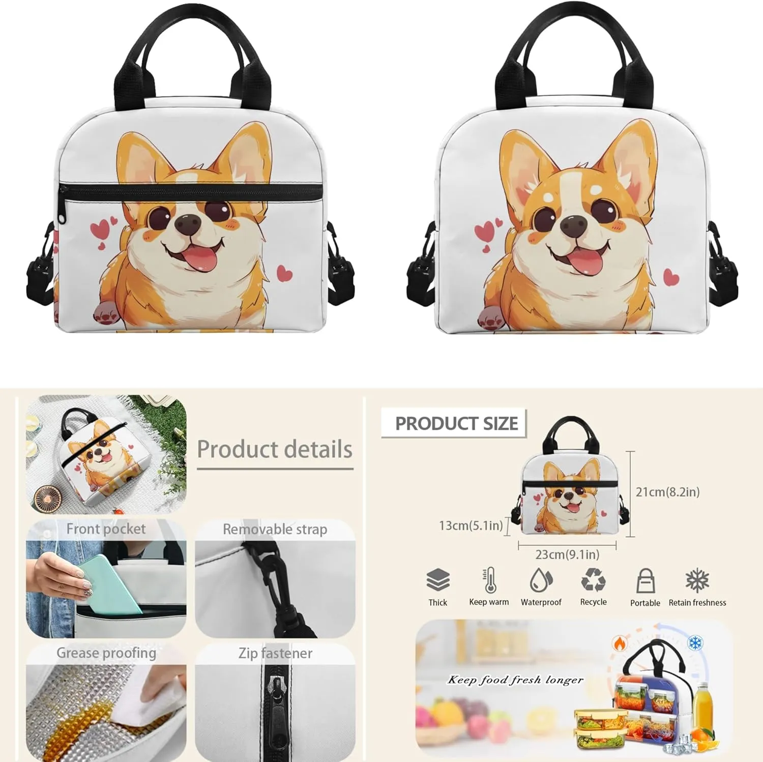 Boatee Cute Corgi School Bag Set for Girls 8-10 Kids Backpack with Lunch Box and Pencil Case 3 Pcs Set Cute School Bags for Teen Girls 5th / 6th Grade Primary School Large Capacity Bookbag Set