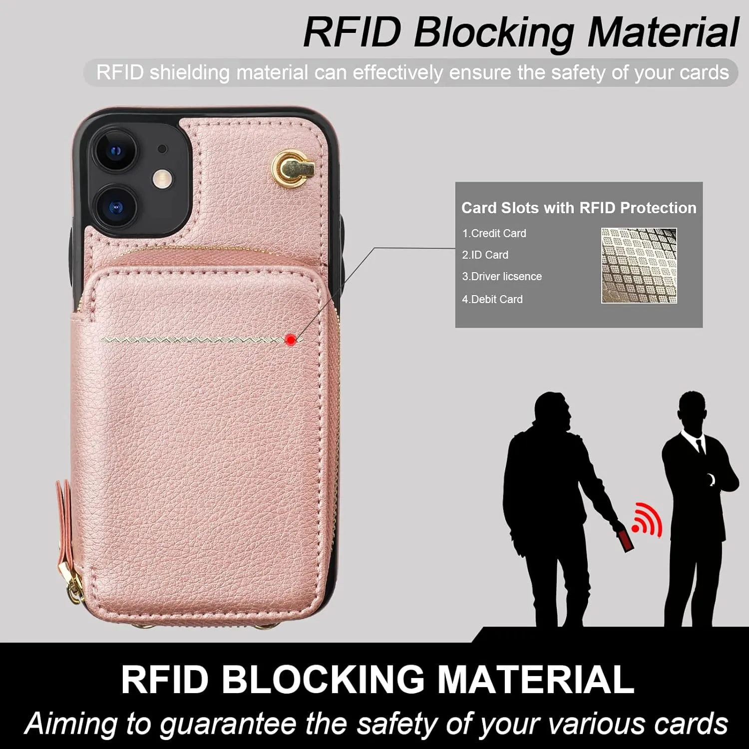 Bocasal Crossbody Wallet Case for iPhone 11, RFID Blocking Leather Purse Case with Card Holder, Protective Handbag Flip Cover with Zipper Wrist Strap Lanyard for Women 6.1 Inch (Rose Gold)