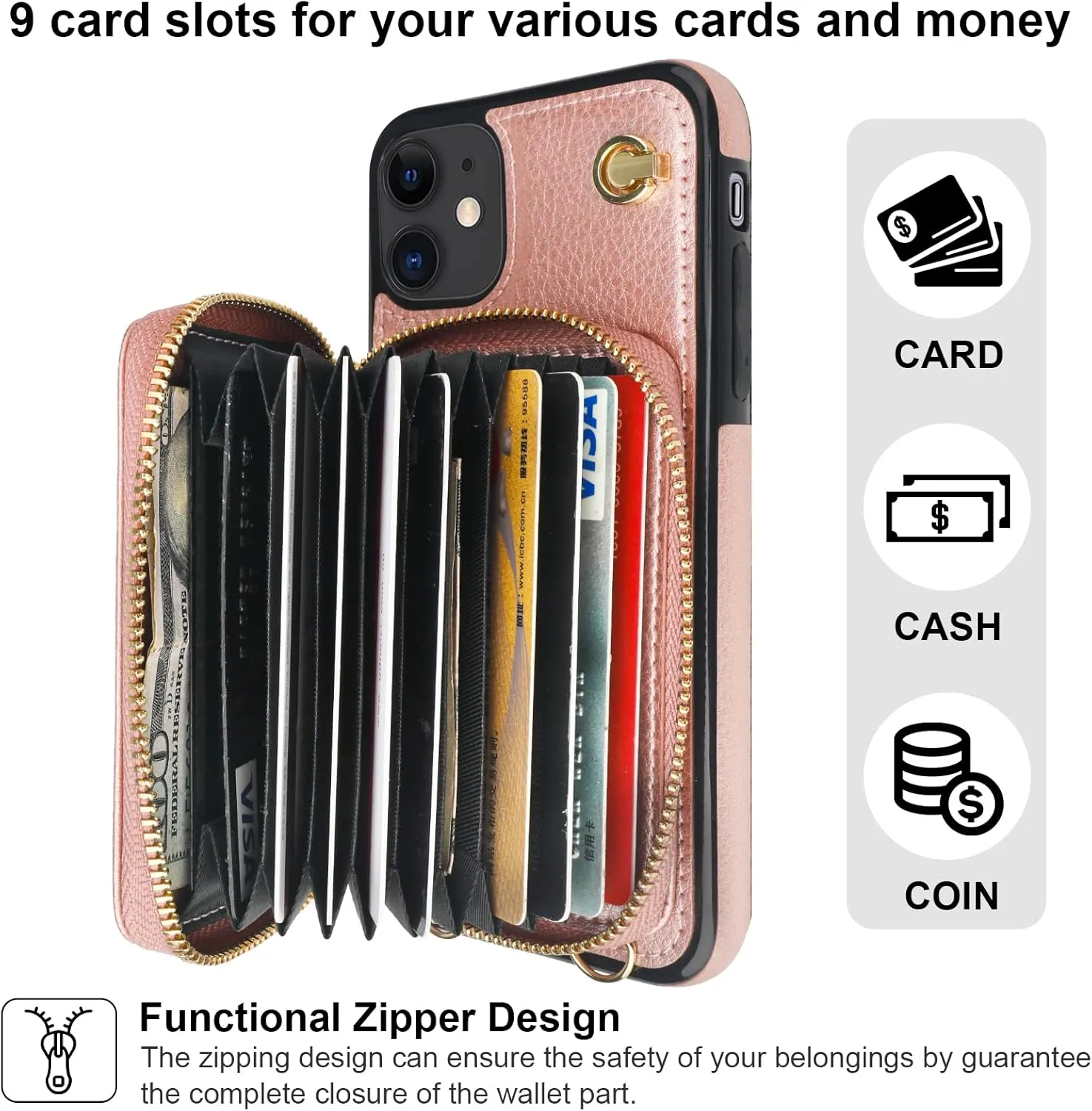 Bocasal Crossbody Wallet Case for iPhone 11, RFID Blocking Leather Purse Case with Card Holder, Protective Handbag Flip Cover with Zipper Wrist Strap Lanyard for Women 6.1 Inch (Rose Gold)