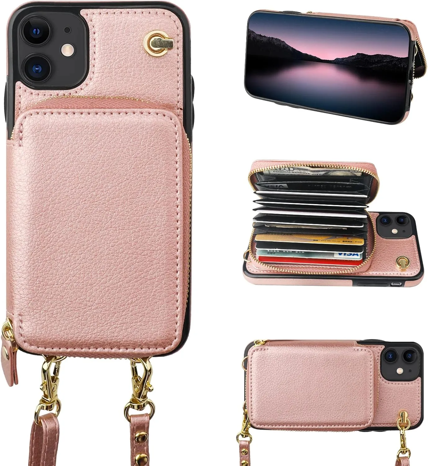 Bocasal Crossbody Wallet Case for iPhone 11, RFID Blocking Leather Purse Case with Card Holder, Protective Handbag Flip Cover with Zipper Wrist Strap Lanyard for Women 6.1 Inch (Rose Gold)