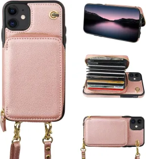 Bocasal Crossbody Wallet Case for iPhone 11, RFID Blocking Leather Purse Case with Card Holder, Protective Handbag Flip Cover with Zipper Wrist Strap Lanyard for Women 6.1 Inch (Rose Gold)