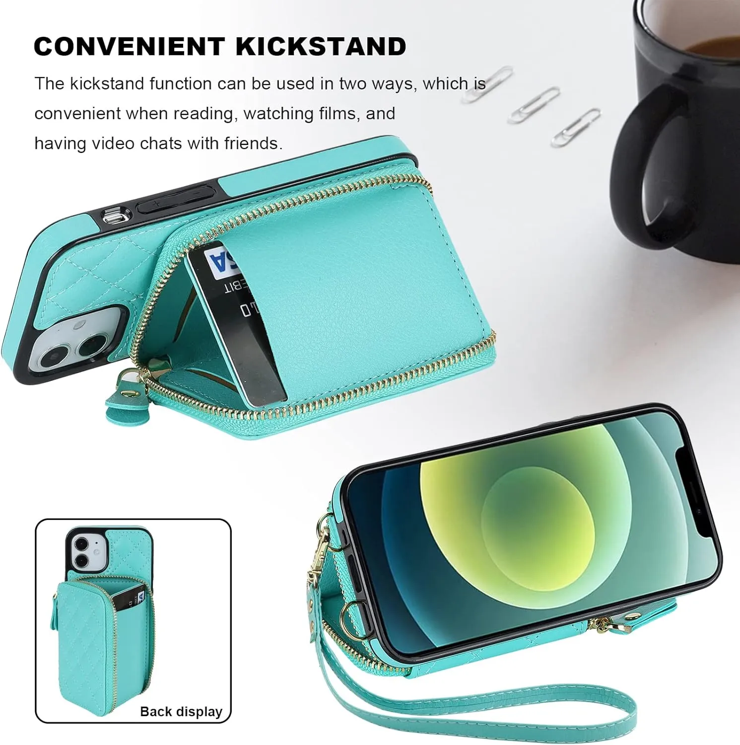 Bocasal Crossbody Wallet Case for iPhone 12 Mini, RFID Blocking PU Leather Zipper Handbag Purse Flip Cover, Kickstand Folio Case with Card Slots Holder Wrist Strap Lanyard 5G 5.4 Inch (Mint Green)