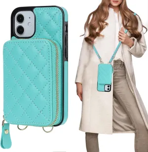 Bocasal Crossbody Wallet Case for iPhone 12 Mini, RFID Blocking PU Leather Zipper Handbag Purse Flip Cover, Kickstand Folio Case with Card Slots Holder Wrist Strap Lanyard 5G 5.4 Inch (Mint Green)