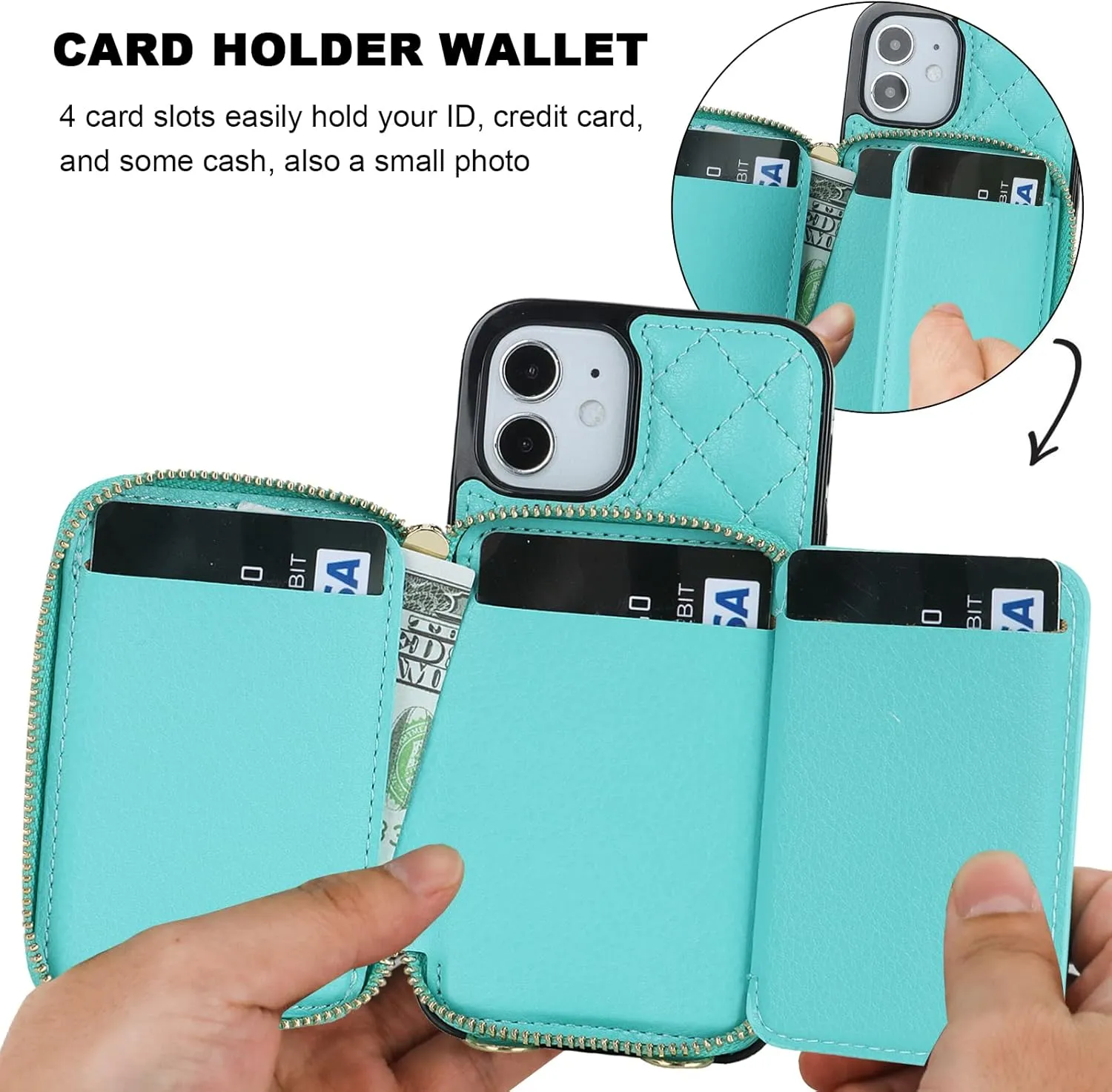 Bocasal Crossbody Wallet Case for iPhone 12 Mini, RFID Blocking PU Leather Zipper Handbag Purse Flip Cover, Kickstand Folio Case with Card Slots Holder Wrist Strap Lanyard 5G 5.4 Inch (Mint Green)