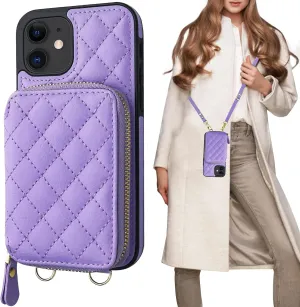Bocasal Crossbody Wallet Case for iPhone 12/12 Pro, RFID Blocking PU Leather Zipper Handbag Purse Flip Cover, Kickstand Folio Case with Card Slots Holder Wrist Strap Lanyard 5G 6.1 Inch (Purple)
